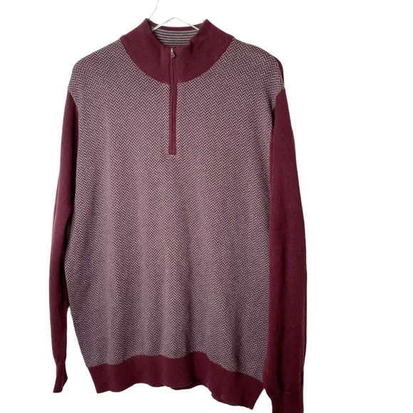 NWT Alan Flusser Quarter Zip Herringbone Knit Sweater Burgundy XL - Picture 3 of 11